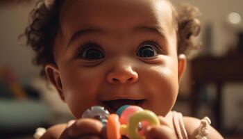 alegre bebé niña jugando con multi de colores juguete generado por ai foto