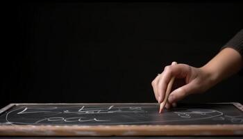 One child drawing with chalk on blackboard generated by AI photo