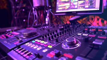 Sound panel for working in the studio and on TV projects. Close-up of the Mixing console. mixing knobs. mix musical tracks on techno party in night club. blurred concept, illustration photo