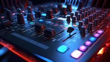 Sound panel for working in the studio and on TV projects. Close-up of the Mixing console. mixing knobs. mix musical tracks on techno party in night club. blurred concept, illustration photo