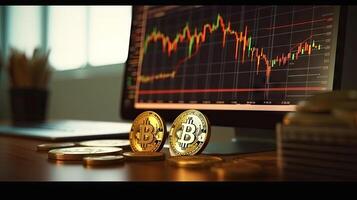 Gold coin with bitcoin symbol on candlestick chart background, dark, bokeh, blurred concept, illustration photo