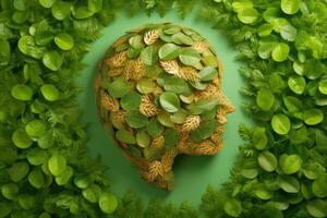 resumen ambiente conservación hojas Arte estilo de verde naturaleza y eco simpático concepto idea. plantas con hojas formando cerebro, generativo ai ilustración foto