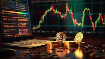Gold coin with bitcoin symbol on candlestick chart background, dark, bokeh, blurred concept, illustration photo