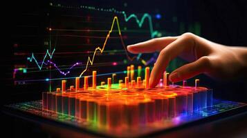Businessman hand using digital tablet and showing a growing virtual hologram of statistics, graph and chart with arrow up on dark background. blurred concept, illustration photo