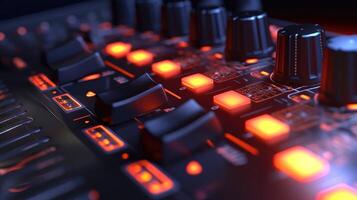 Sound panel for working in the studio and on TV projects. Close-up of the Mixing console. mixing knobs. mix musical tracks on techno party in night club. blurred concept, illustration photo