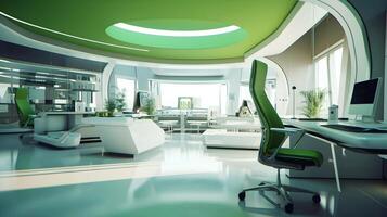 Modern futuristic interior office design with warm tones of green. Futuristic conference room interior. Workplace and corporate concept. 3d rendering, illustration photo