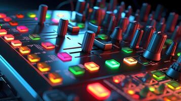 Sound panel for working in the studio and on TV projects. Close-up of the Mixing console. mixing knobs. mix musical tracks on techno party in night club. blurred concept, illustration photo