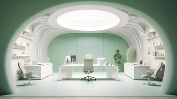 moderno futurista interior oficina diseño con calentar tonos de verde. futurista conferencia habitación interior. lugar de trabajo y corporativo concepto. 3d representación, generativo ai ilustración foto