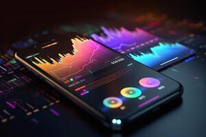 Smartphone or tablet showing a growing virtual hologram of statistics, graph and chart with arrow up on dark background. blurred concept, illustration photo