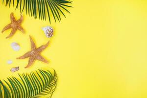 Summer minimal background with orange starfishes, shells and palm tree on yellow background. Aesthetic photography. Travel. Copy space photo