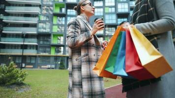 zwei glücklich Frauen Stand mit Einkaufen Taschen und wegbringen Kaffee nach ein erfolgreich Einkaufen und sich unterhalten mit Interesse unter sich. modern Gebäude auf Hintergrund. schleppend Bewegung video