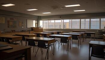 Empty classroom with modern chairs and tables generated by AI photo