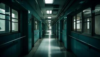 vacío hospital corredor, futurista diseño, oscuro perspectiva generado por ai foto