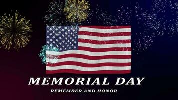 Happy Memorial Day With Waving Flag Animation With Fire Work On Black Background. Memorial Day United States Flag Animation, Memorial Day Lettering Text Animation Remember And Honor video