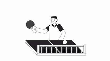 Animé bw table tennis joueur. asiatique homme en jouant ping pong isolé 2d animation. ping pong correspondre. dessin animé monochrome mince ligne personnage 4k vidéo images, alpha canal transparence pour la toile conception video