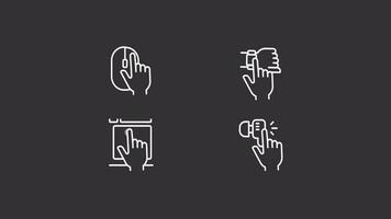 Finger tap white icons animation. Animated line hand touching device. Using technology. Seamless loop HD video with alpha channel, transparent background. Motion graphic design for night mode