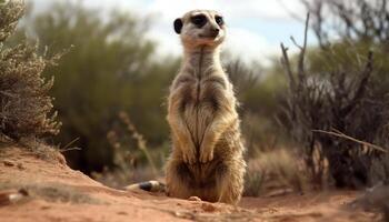 Meerkat standing in the grass, alert and cute generated by AI photo