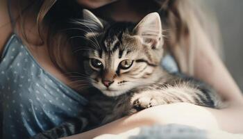 sonriente mujer abraza juguetón gatito adentro felizmente generado por ai foto