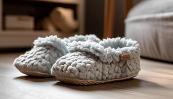 Soft woolen baby booties, handmade with elegance generated by AI photo