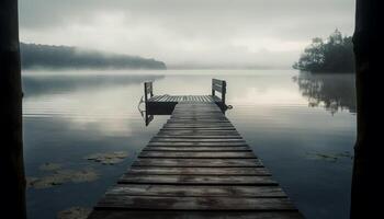 tranquilo escena reflexión en húmedo, de madera tablón generado por ai foto