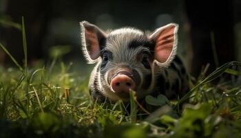 Cute piglet grazing in green meadow generated by AI photo