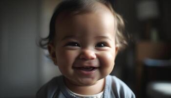 alegre bebé chico sonriente, inocencia capturado cerca arriba generado por ai foto