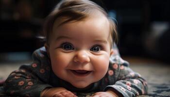 Cute baby boy smiling in close up portrait generated by AI photo