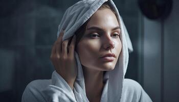 Fresh faced beauty wrapped in towel smiles sensually generated by AI photo