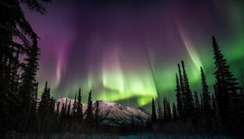 Majestic winter landscape illuminated by multi colored auroras generated by AI photo