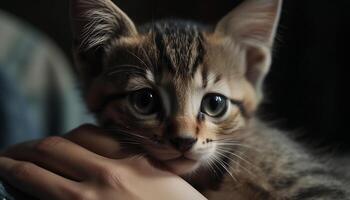 Fluffy kitten staring with curiosity at camera close up generated by AI photo