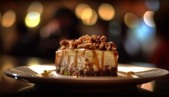 Indulgent homemade chocolate cheesecake on elegant plate generated by AI photo