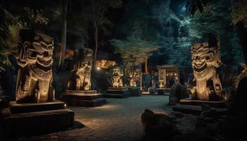 Ancient monument illuminated at dusk in Bali generated by AI photo