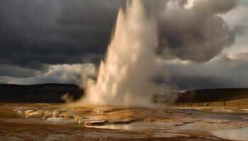 Majestic geyser explodes in volcanic landscape panorama generated by AI photo