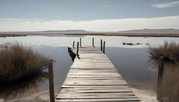 Tranquil landscape jetty on calm water generated by AI photo