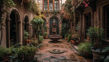 Tranquil courtyard, adorned with nature decoration generated by AI photo