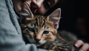 Cute kitten sleeping, fluffy fur in focus generated by AI photo
