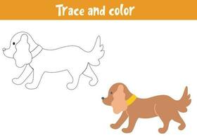 Trace and color cartoon vector dog. Educational coloring page. Handwriting practice for preschoolers.