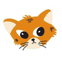 Tricky Ginger cat. Lovely kitten. Cat muzzle. Funny friendly domestic animal, pet. Childish Vector flat illustration isolated on the white background.