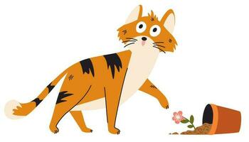 linda gracioso gato caído flor maceta. jengibre gato. gracioso simpático Doméstico animal, mascota. infantil vector plano ilustración aislado en el blanco antecedentes.