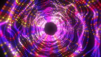 Abstract purple energy tunnel made of particles and a grid of high-tech lines with a glowing background effect, video 4k, 60 fps