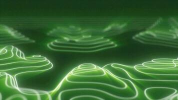 Abstract green looped futuristic hi-tech landscape with mountains and canyons from glowing energy circles and magic lines background video