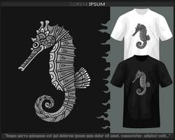 Monochrome color Seahorse mandala arts isolated on black and white t shirt. vector