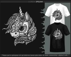 Monochrome color unicorn head mandala arts isolated on black and white t shirt. vector