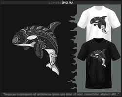 Monochrome killer whale mandala arts isolated on black and white t shirt. vector