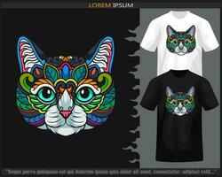 Colorful Cat head mandala arts isolated on black and white t shirt. vector