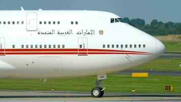 DUSSELDORF, GERMANY JULY 22, 2017 - United Arab Emirates Royal Flight Boeing 747 A6 MMM taxiing before departure. Dusseldorf Airport video