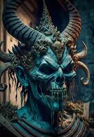 Portrait of a blue demon on a dark background photo