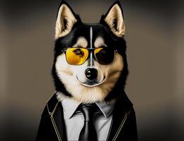 businessman anthropomorphic husky dog man portrait wearing a black suit tie glasses photo