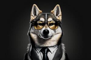 businessman anthropomorphic husky dog man portrait wearing a black suit tie glasses photo