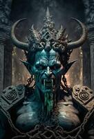 Portrait of a blue demon on a dark background photo